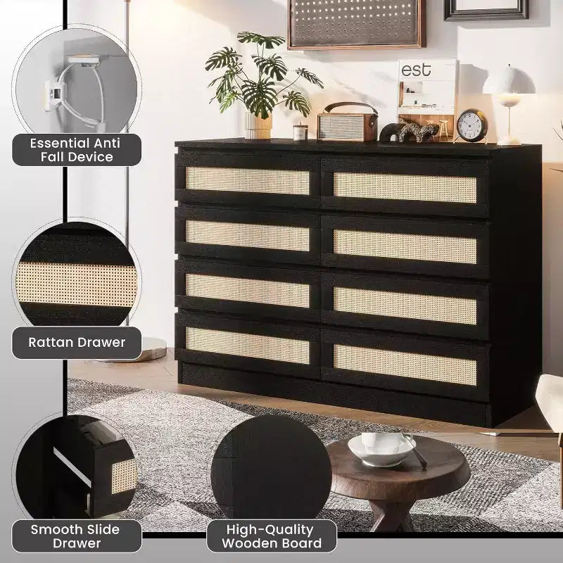 Comò a 8 cassetti in rattan Nero/Rovere/Bianco, cassettiera in MDF per 1 persona