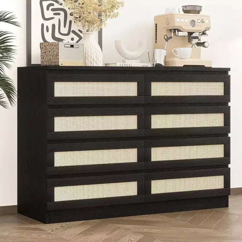 CuisinSmart 8 Drawer Dresser, Modern Rattan Double Dresser, Wood Chest of Drawers for Bedroom, TV Stand Dresser Accent Furniture