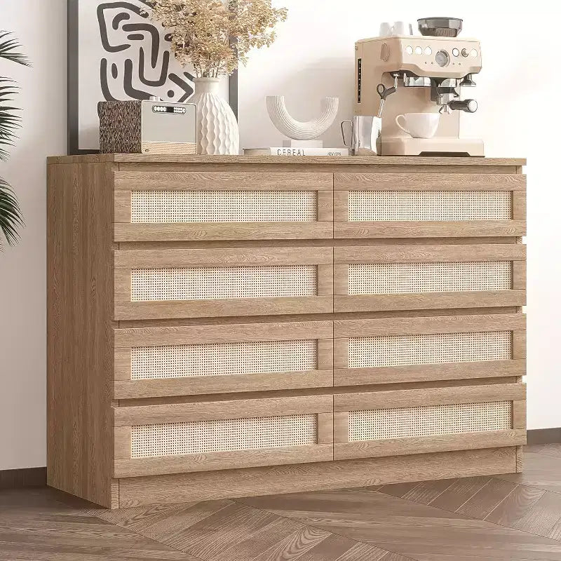 Comò a 8 cassetti in rattan Nero/Rovere/Bianco, cassettiera in MDF per 1 persona