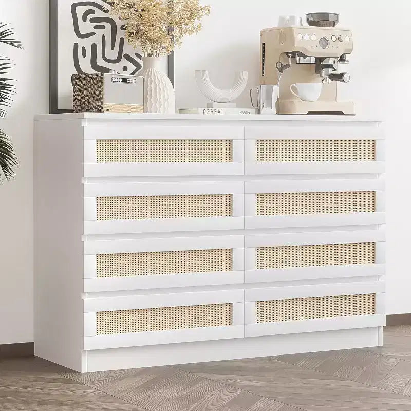 Comò a 8 cassetti in rattan Nero/Rovere/Bianco, cassettiera in MDF per 1 persona
