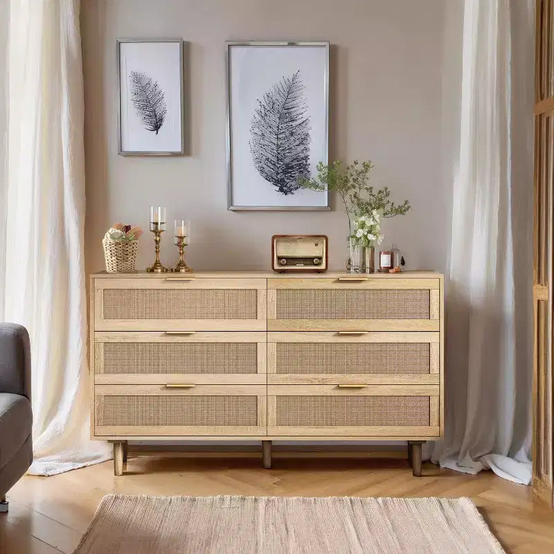 Comò a 6 cassetti con frontale in rattan, nero / naturale / bianco