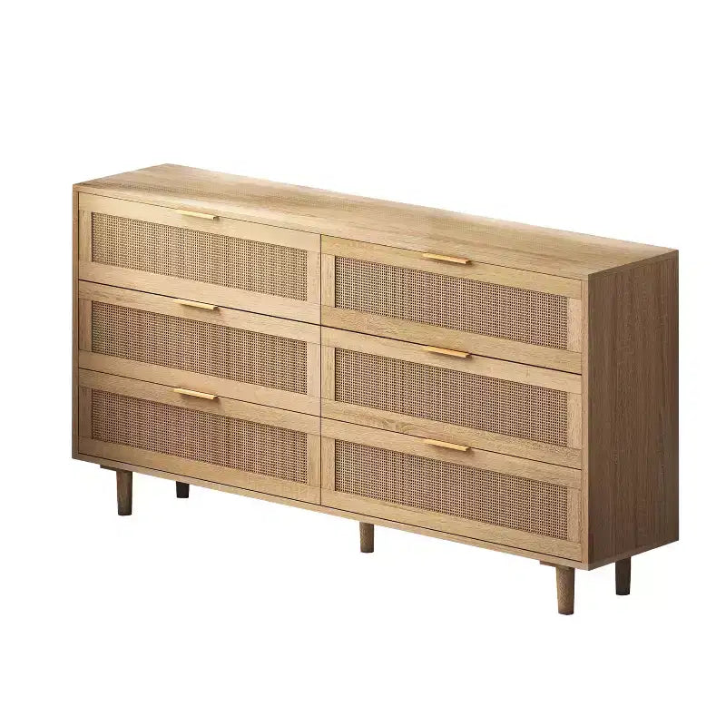 Comò a 6 cassetti con frontale in rattan, nero / naturale / bianco