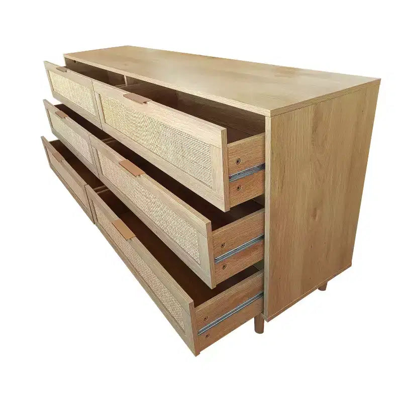 Comò a 6 cassetti con frontale in rattan, nero / naturale / bianco