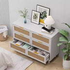 Comò a 6 cassetti con frontale in rattan, nero / naturale / bianco