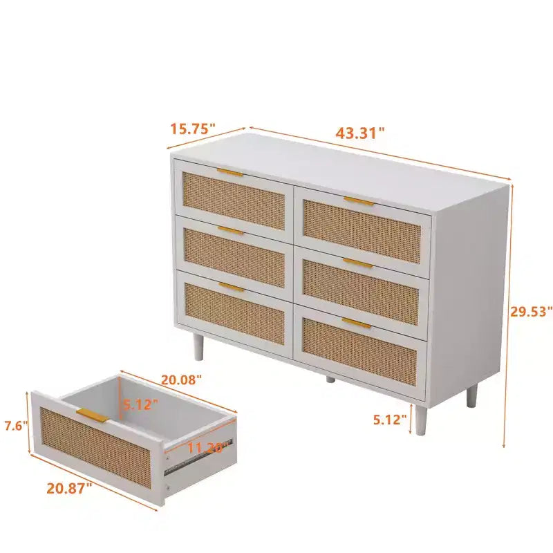 Comò a 6 cassetti con frontale in rattan, nero / naturale / bianco