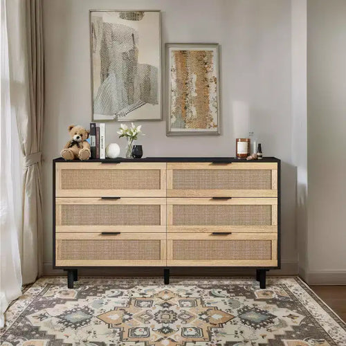 Comò a 6 cassetti con frontale in rattan, nero / naturale / bianco