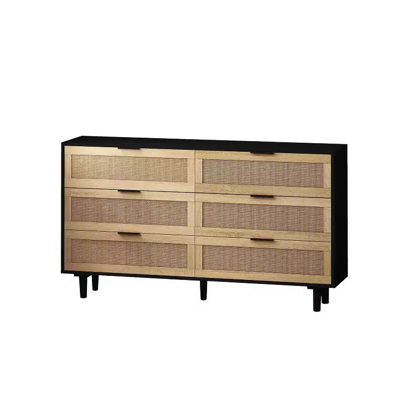 Comò a 6 cassetti con frontale in rattan, nero / naturale / bianco