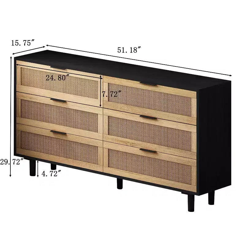 Comò a 6 cassetti con frontale in rattan, nero / naturale / bianco