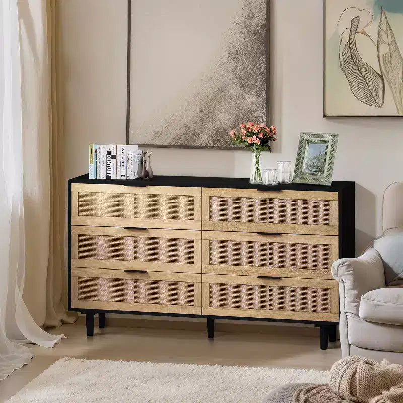 Comò a 6 cassetti con frontale in rattan, nero / naturale / bianco