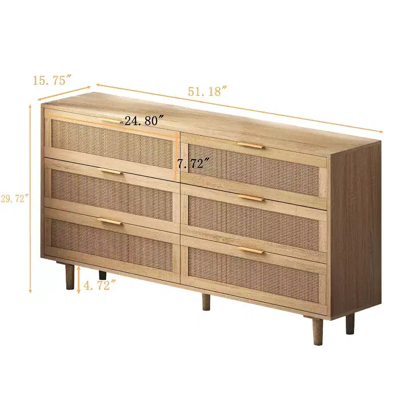 Comò a 6 cassetti con frontale in rattan, nero / naturale / bianco