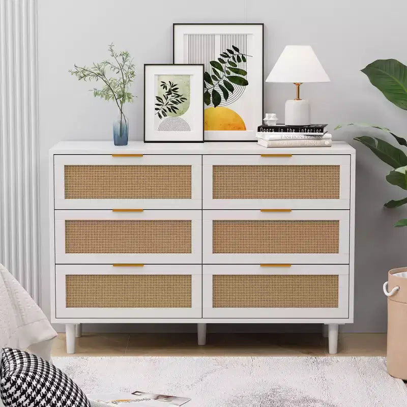 Comò a 6 cassetti con frontale in rattan, nero / naturale / bianco