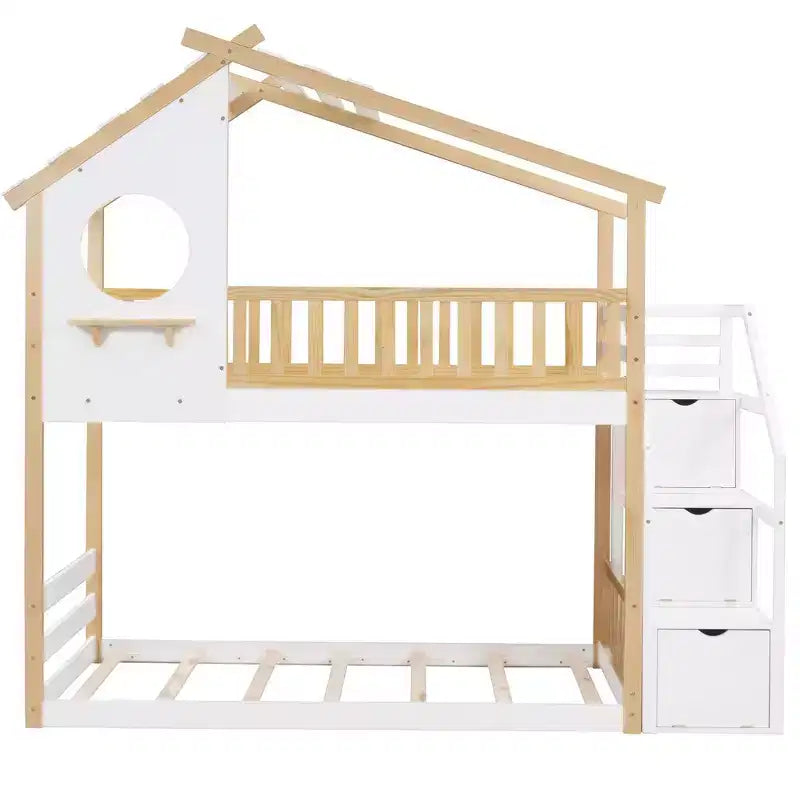 Letto a castello singolo-su-singolo con scaletta, colore naturale e bianco, con contenitore, stile casetta, 2 posti letto
