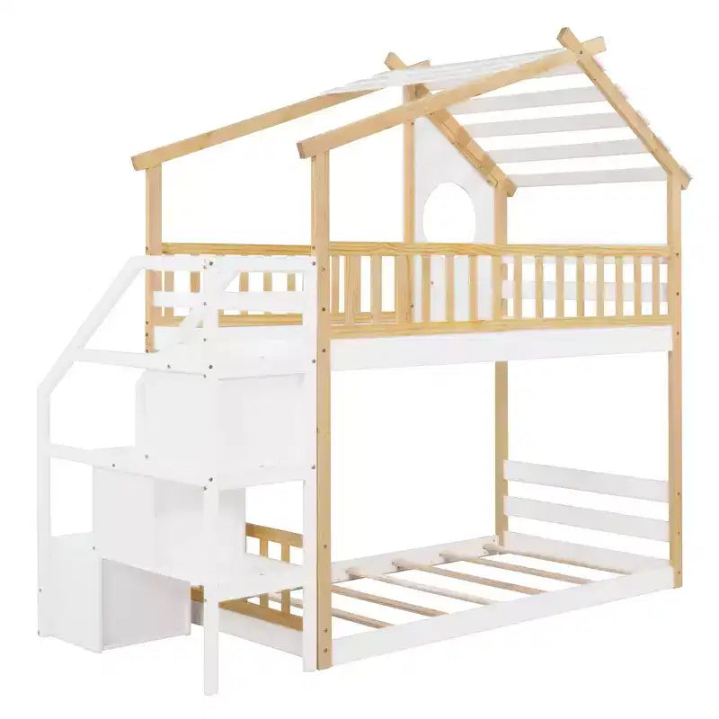 Letto a castello singolo-su-singolo con scaletta, colore naturale e bianco, con contenitore, stile casetta, 2 posti letto