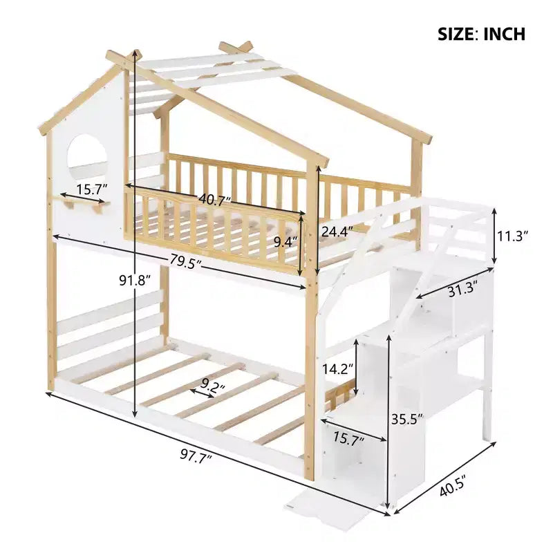 Letto a castello singolo-su-singolo con scaletta, colore naturale e bianco, con contenitore, stile casetta, 2 posti letto