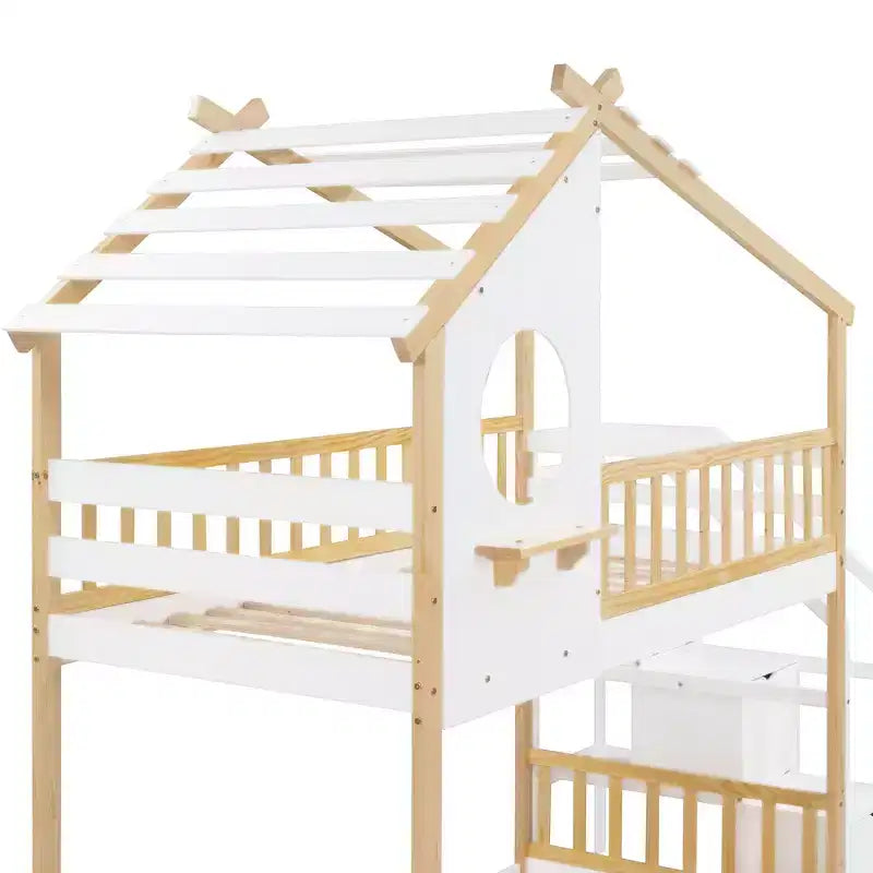 Letto a castello singolo-su-singolo con scaletta, colore naturale e bianco, con contenitore, stile casetta, 2 posti letto