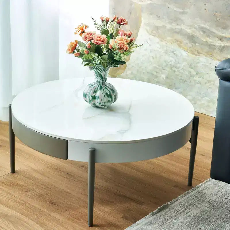 Tavolino da Caffè Rotondo in Ceramica Grigio e Bianco, 1 Pezzo