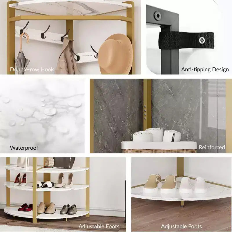 Appendiabiti ad angolo oro/retrò/grigio con panca portascarpe – 6 ganci doppi, 1 persona