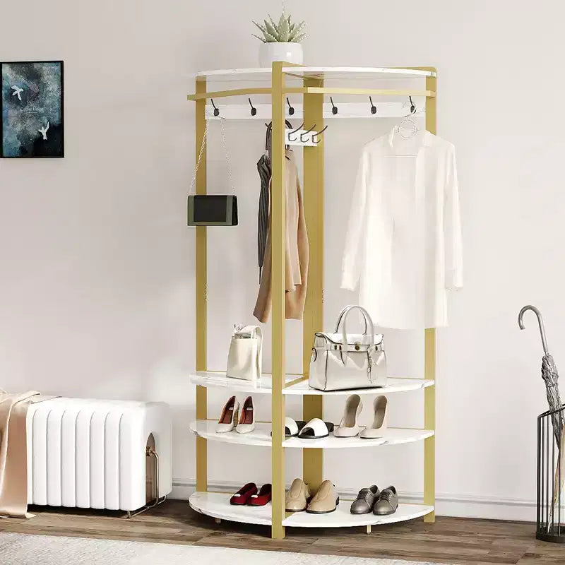 Appendiabiti ad angolo oro/retrò/grigio con panca portascarpe – 6 ganci doppi, 1 persona