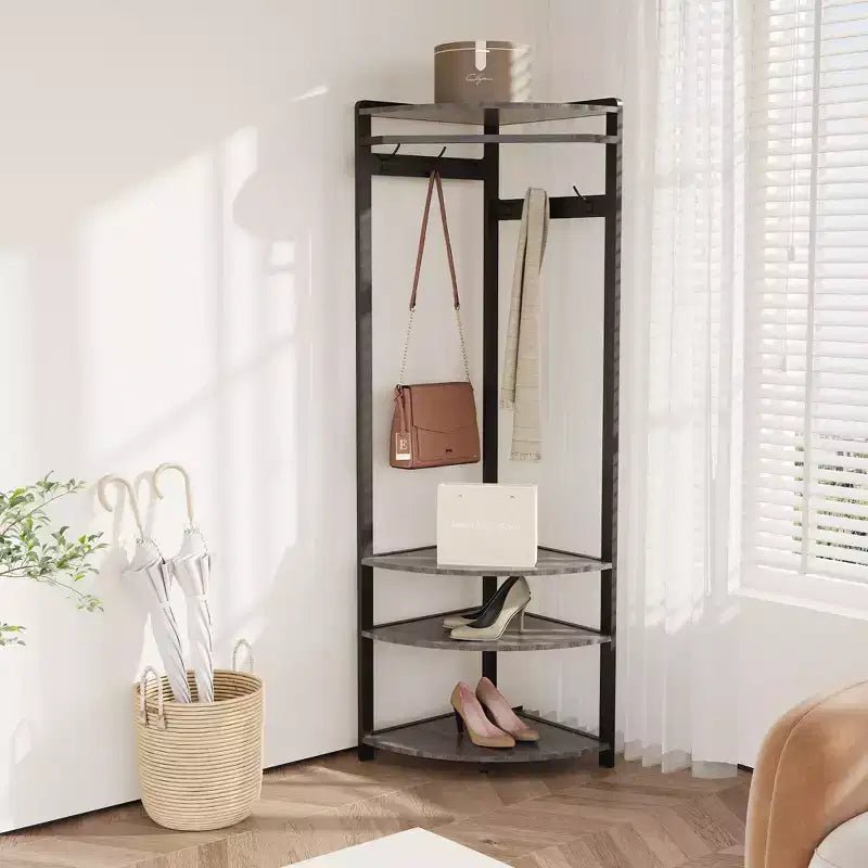 Appendiabiti ad angolo oro/retrò/grigio con panca portascarpe – 6 ganci doppi, 1 persona