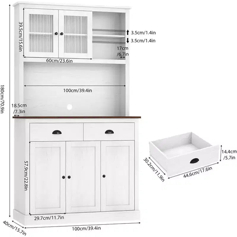 Dispensa da cucina indipendente grigio pastorale/bianco slavato con supporto per microonde, 5 ante, montaggio da 1 persona