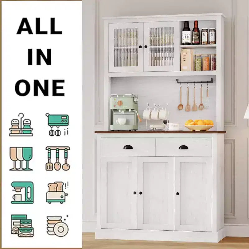 Dispensa da cucina indipendente grigio pastorale/bianco slavato con supporto per microonde, 5 ante, montaggio da 1 persona