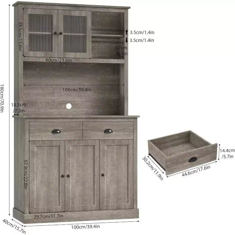 Dispensa da cucina indipendente grigio pastorale/bianco slavato con supporto per microonde, 5 ante, montaggio da 1 persona