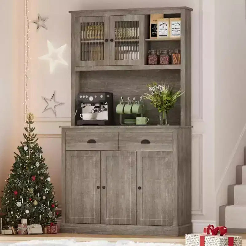 Dispensa da cucina indipendente grigio pastorale/bianco slavato con supporto per microonde, 5 ante, montaggio da 1 persona