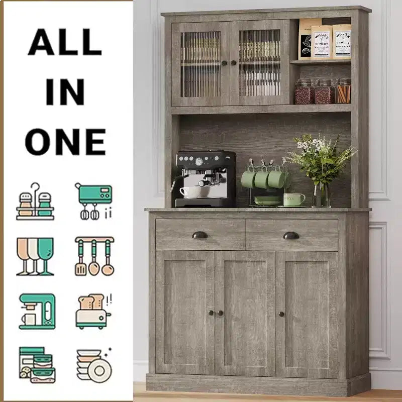 Dispensa da cucina indipendente grigio pastorale/bianco slavato con supporto per microonde, 5 ante, montaggio da 1 persona