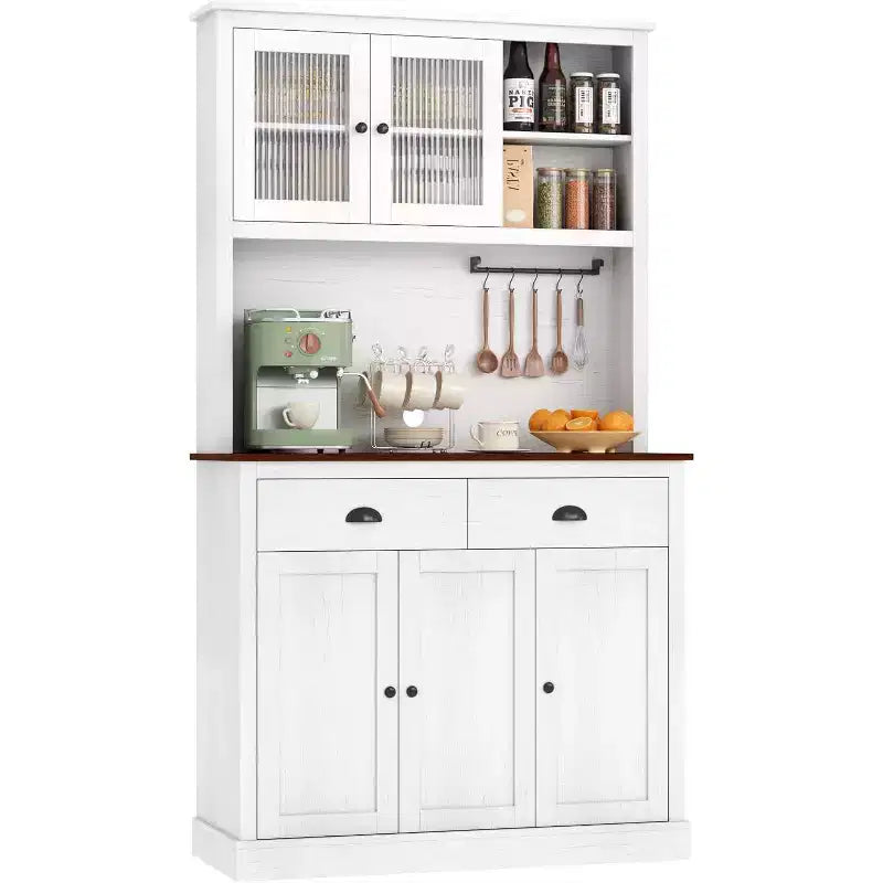 Dispensa da cucina indipendente grigio pastorale/bianco slavato con supporto per microonde, 5 ante, montaggio da 1 persona