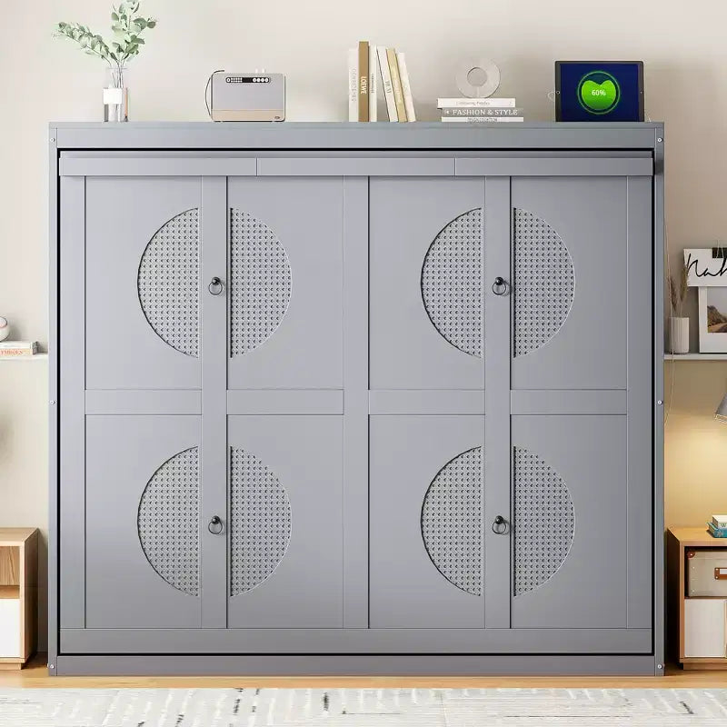 Letto a scomparsa grigio/bianco con porte di ricarica – Matrimoniale/Queen size, si ripiega piatto per 1-2 persone