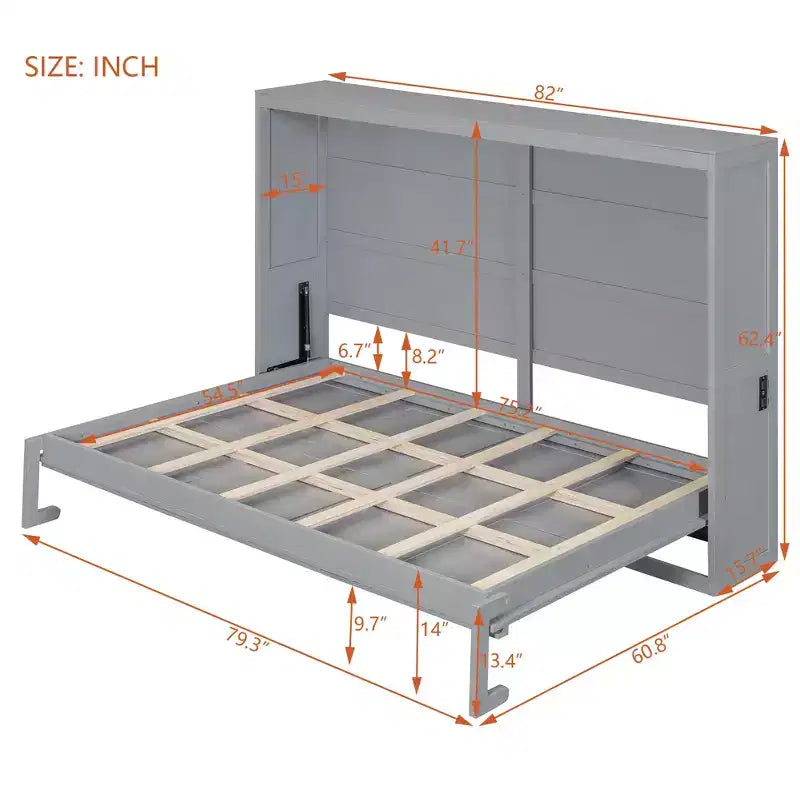 Letto a scomparsa grigio/bianco con porte di ricarica – Matrimoniale/Queen size, si ripiega piatto per 1-2 persone