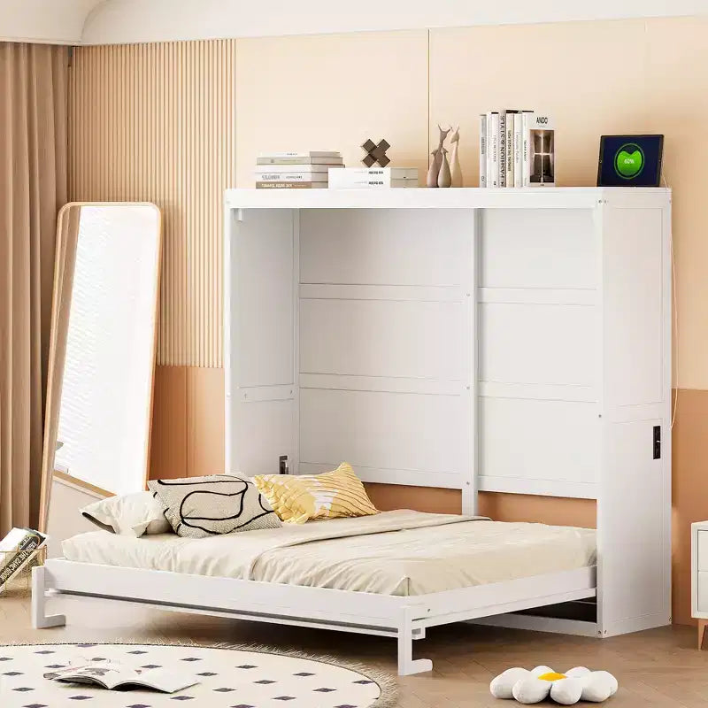 Letto a scomparsa grigio/bianco con porte di ricarica – Matrimoniale/Queen size, si ripiega piatto per 1-2 persone