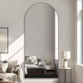 PexFix 31 in. W x 71 in. H Full-Length Arched Wood Frame Wall Mirror with Striped Wooden Base in Black