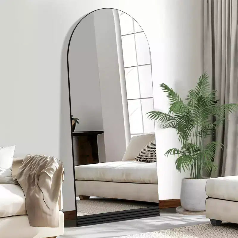PexFix Specchio da parete a figura intera da 31 pollici L x 71 pollici A con cornice in legno ad arco e base in legno a righe, colore nero
