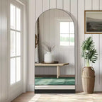 PexFix Specchio da parete a figura intera da 31 pollici L x 71 pollici A con cornice in legno ad arco e base in legno a righe, colore nero