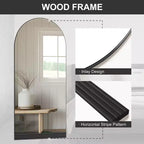 PexFix Specchio da parete a figura intera da 31 pollici L x 71 pollici A con cornice in legno ad arco e base in legno a righe, colore nero