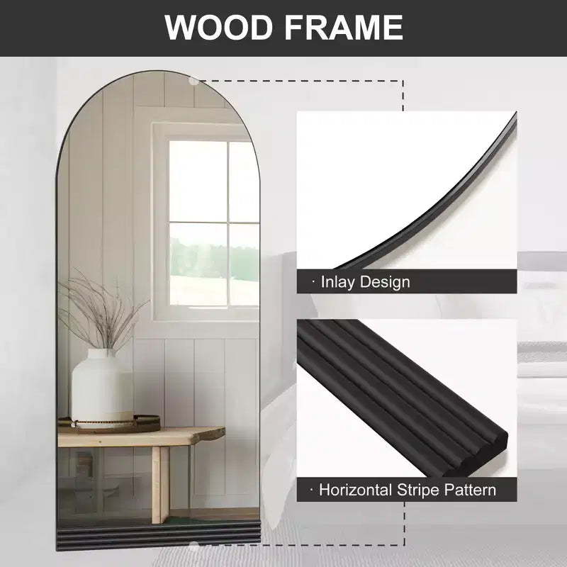 PexFix Specchio da parete a figura intera da 31 pollici L x 71 pollici A con cornice in legno ad arco e base in legno a righe, colore nero