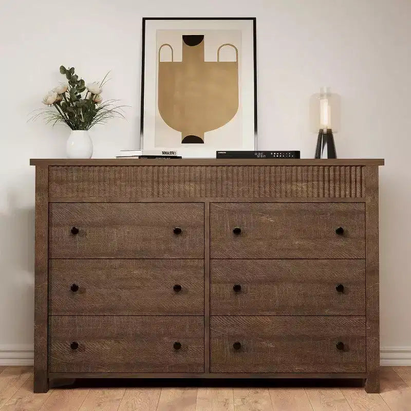 6-Drawer Dresser & TV Stand with Fluted Detailing, Wooden Storage Organizer for Bedroom, Living Room, or Hallway