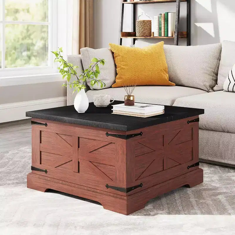 Zevemomo Farmhouse Square Coffee Table with Storage for Living Room, 31 Wood Storage Farmhouse Coffee Tables with Dual Flip-Top Lids, Brown