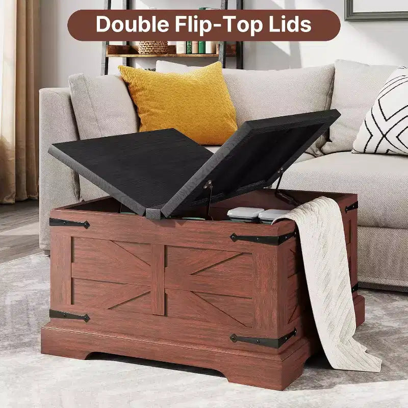Tavolino da Salotto Contenitore Marrone e Nero Stile Country con Piano Apribile
