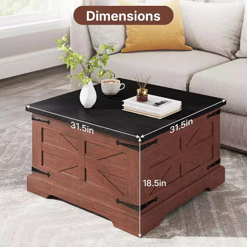 Tavolino da Salotto Contenitore Marrone e Nero Stile Country con Piano Apribile