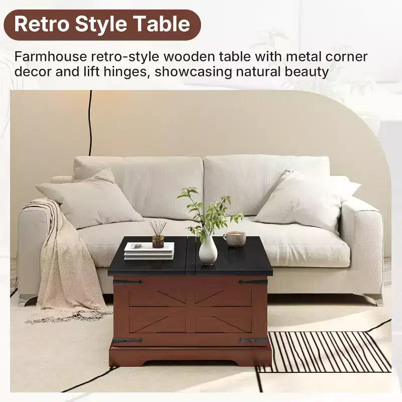 Tavolino da Salotto Contenitore Marrone e Nero Stile Country con Piano Apribile