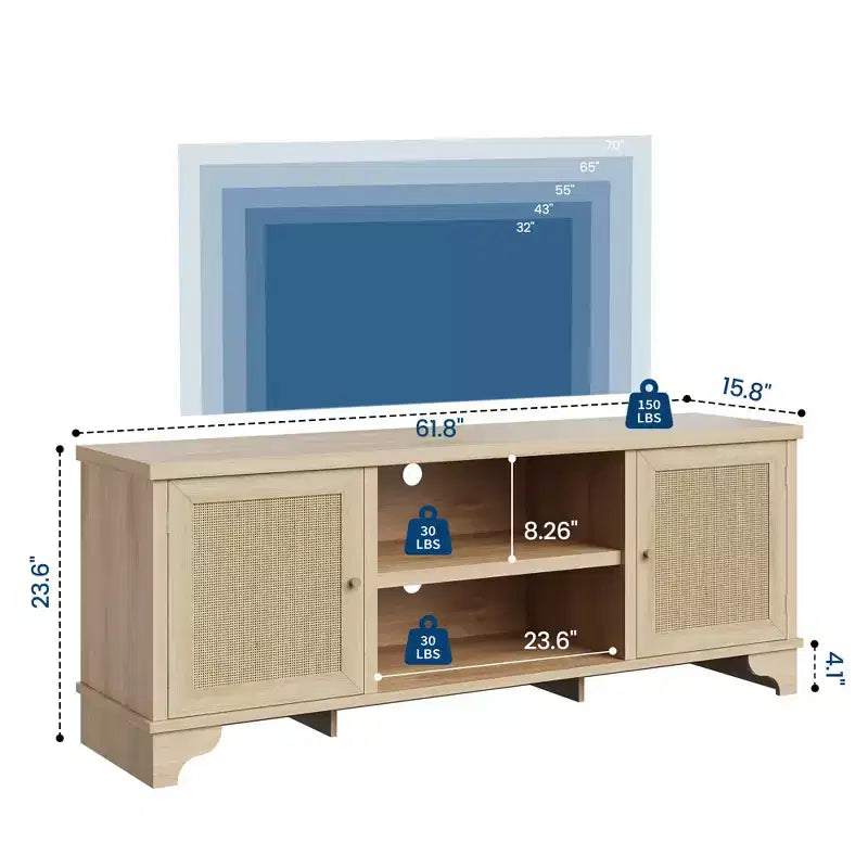 Mobile TV Rustico in Rattan Colore Nero/Legno con Mobiletti a 2 Ante e Ripiani aperti