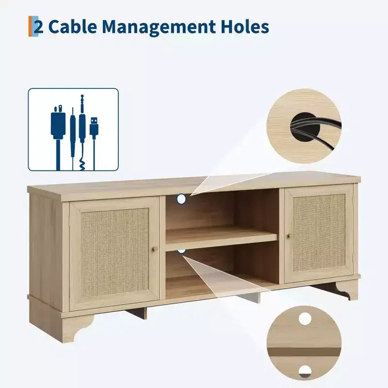 Mobile TV Rustico in Rattan Colore Nero/Legno con Mobiletti a 2 Ante e Ripiani aperti