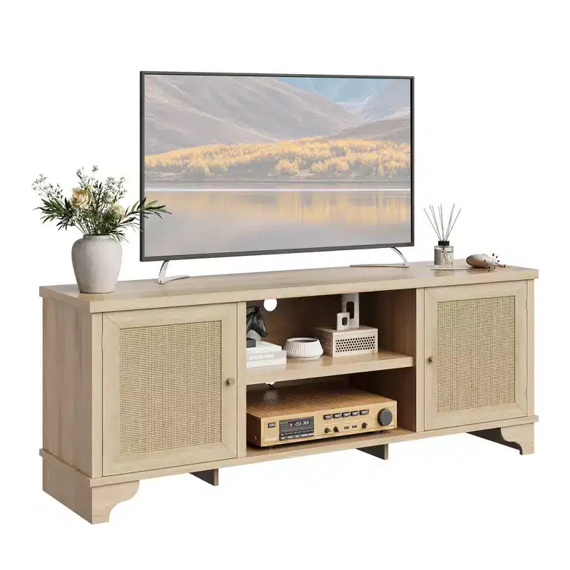 Mobile TV Rustico in Rattan Colore Nero/Legno con Mobiletti a 2 Ante e Ripiani aperti