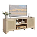 Mobile TV Rustico in Rattan Colore Nero/Legno con Mobiletti a 2 Ante e Ripiani aperti