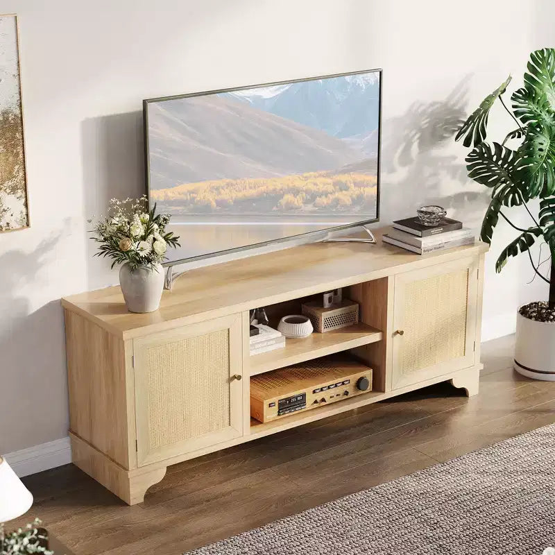 Mobile TV Rustico in Rattan Colore Nero/Legno con Mobiletti a 2 Ante e Ripiani aperti