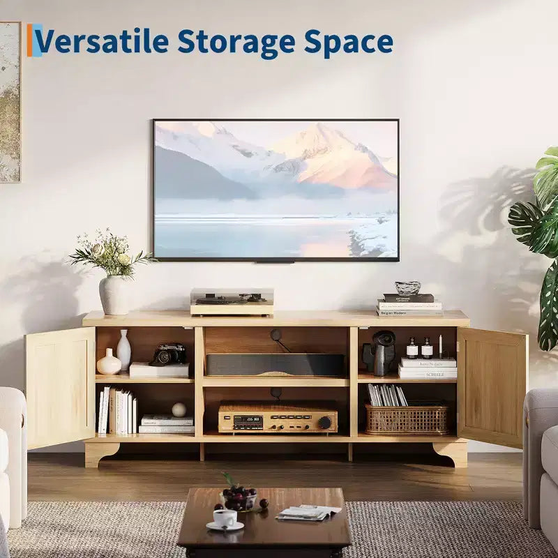 Mobile TV Rustico in Rattan Colore Nero/Legno con Mobiletti a 2 Ante e Ripiani aperti