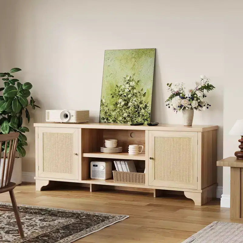 Mobile TV Rustico in Rattan Colore Nero/Legno con Mobiletti a 2 Ante e Ripiani aperti