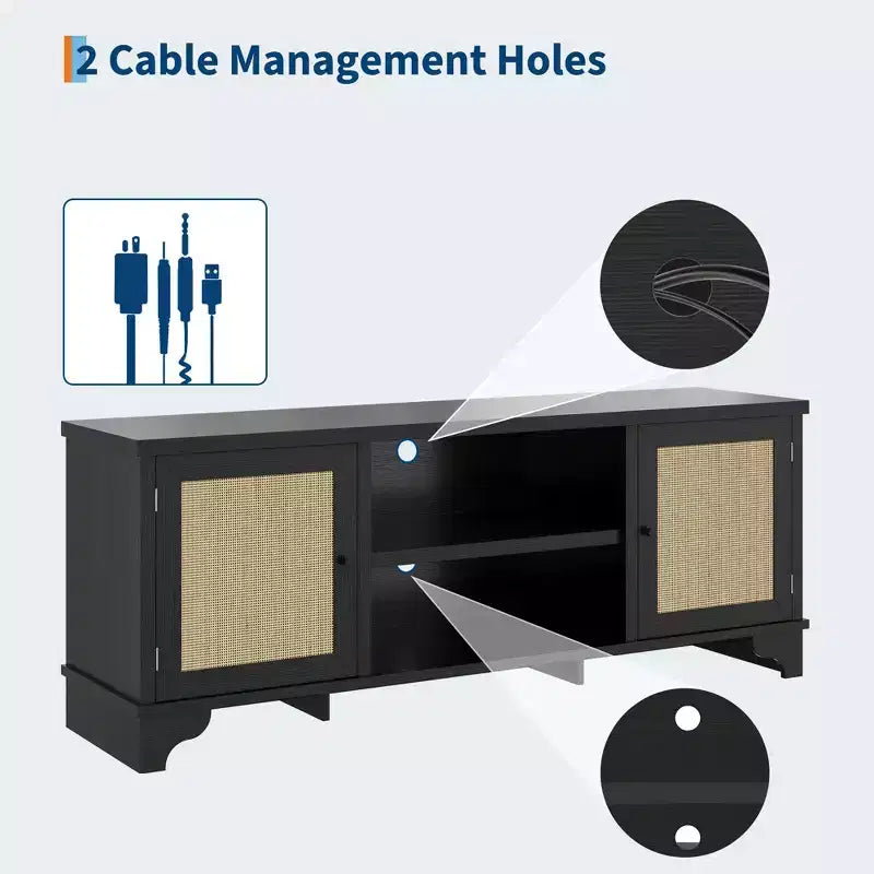 Mobile TV Rustico in Rattan Colore Nero/Legno con Mobiletti a 2 Ante e Ripiani aperti